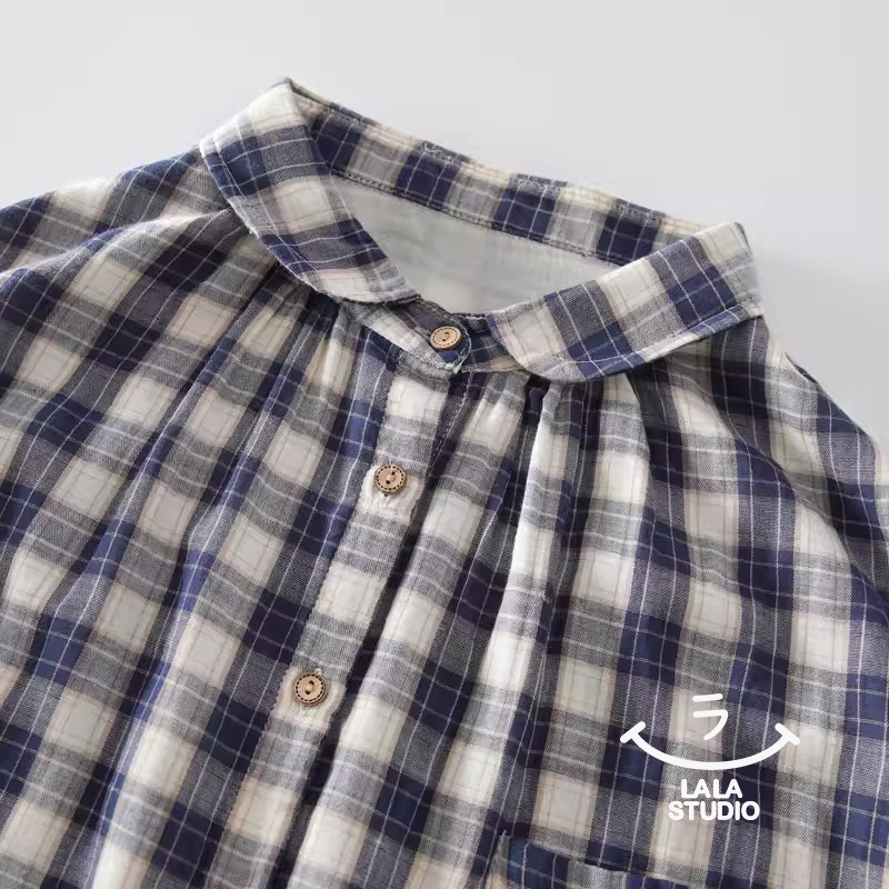 𝕃𝔸𝕃𝔸 𝕊𝕋𝕌𝔻𝕀𝕆 日系百搭小翻領雙層棉紗格子長袖襯衫上衣 ˚ʚ  2色 ɞ˚-細節圖4