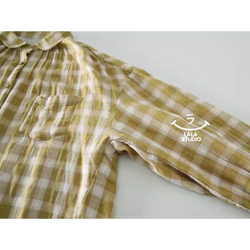 𝕃𝔸𝕃𝔸 𝕊𝕋𝕌𝔻𝕀𝕆 日系百搭小翻領雙層棉紗格子長袖襯衫上衣 ˚ʚ  2色 ɞ˚-細節圖6