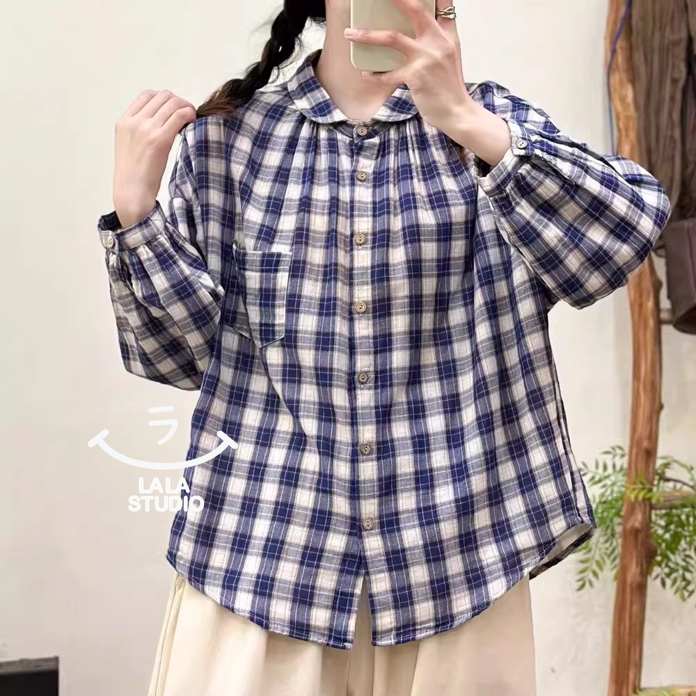 𝕃𝔸𝕃𝔸 𝕊𝕋𝕌𝔻𝕀𝕆 日系百搭小翻領雙層棉紗格子長袖襯衫上衣 ˚ʚ  2色 ɞ˚-細節圖9