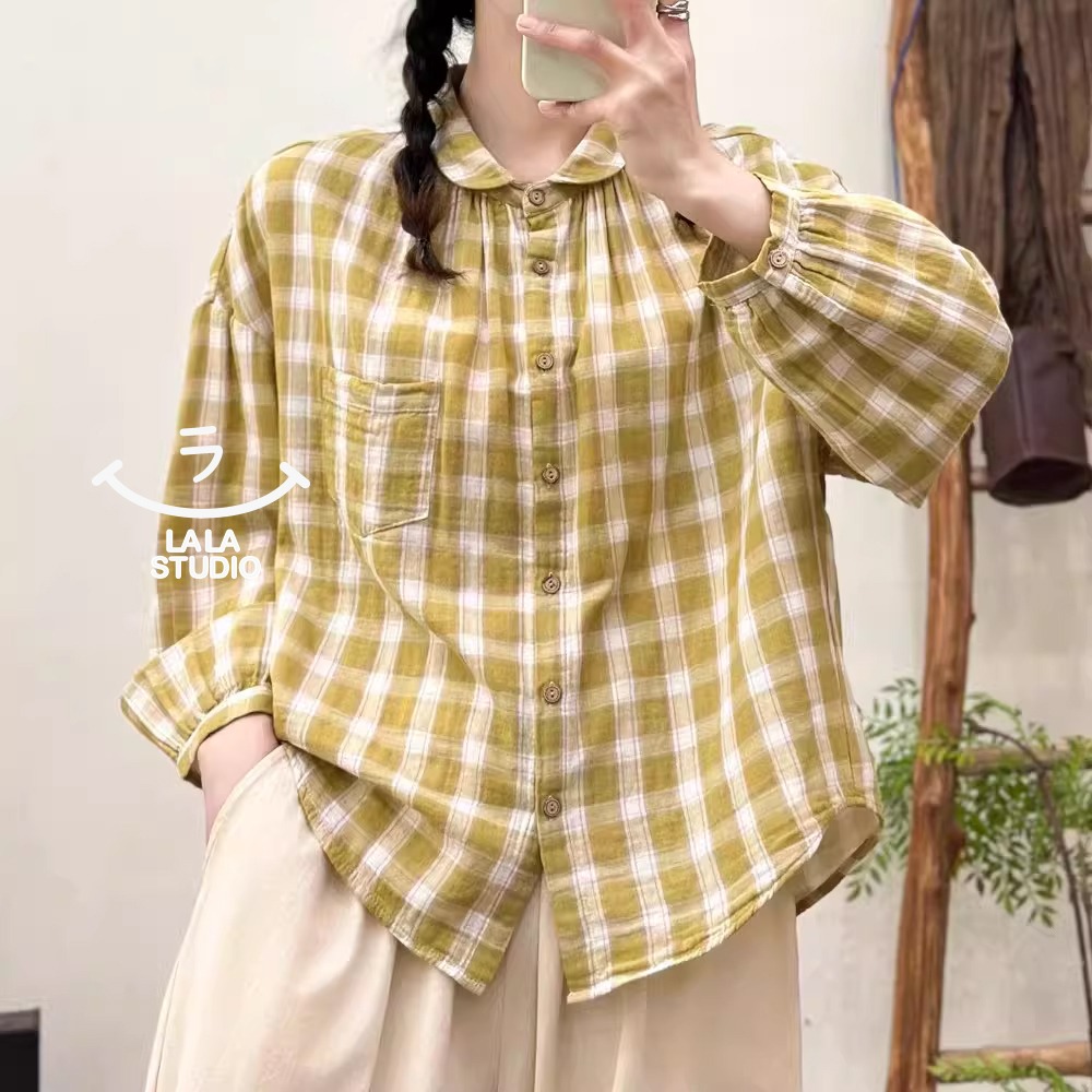 𝕃𝔸𝕃𝔸 𝕊𝕋𝕌𝔻𝕀𝕆 日系百搭小翻領雙層棉紗格子長袖襯衫上衣 ˚ʚ  2色 ɞ˚-細節圖10