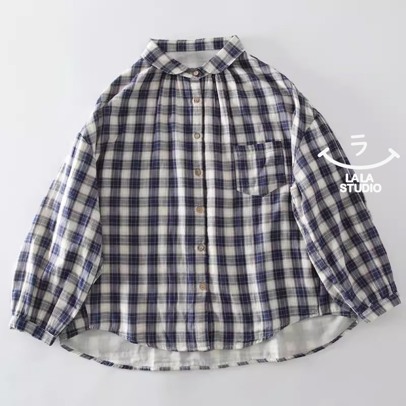 𝕃𝔸𝕃𝔸 𝕊𝕋𝕌𝔻𝕀𝕆 日系百搭小翻領雙層棉紗格子長袖襯衫上衣 ˚ʚ  2色 ɞ˚-規格圖10