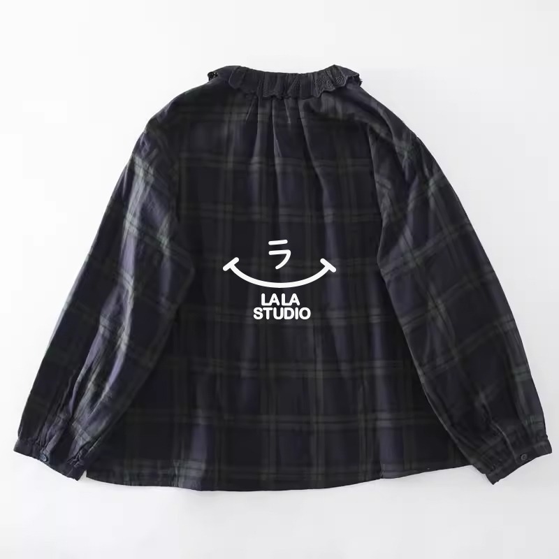 𝕃𝔸𝕃𝔸 𝕊𝕋𝕌𝔻𝕀𝕆 日系蕾絲花邊領格紋雙層棉紗長袖襯衫上衣-綠格子-細節圖2