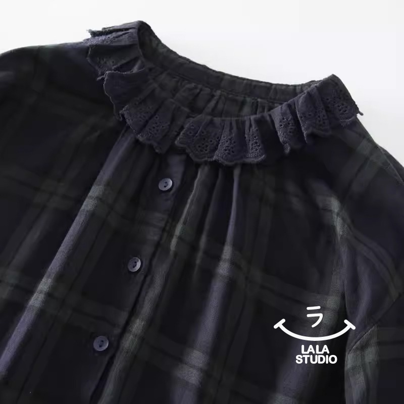 𝕃𝔸𝕃𝔸 𝕊𝕋𝕌𝔻𝕀𝕆 日系蕾絲花邊領格紋雙層棉紗長袖襯衫上衣-綠格子-細節圖3