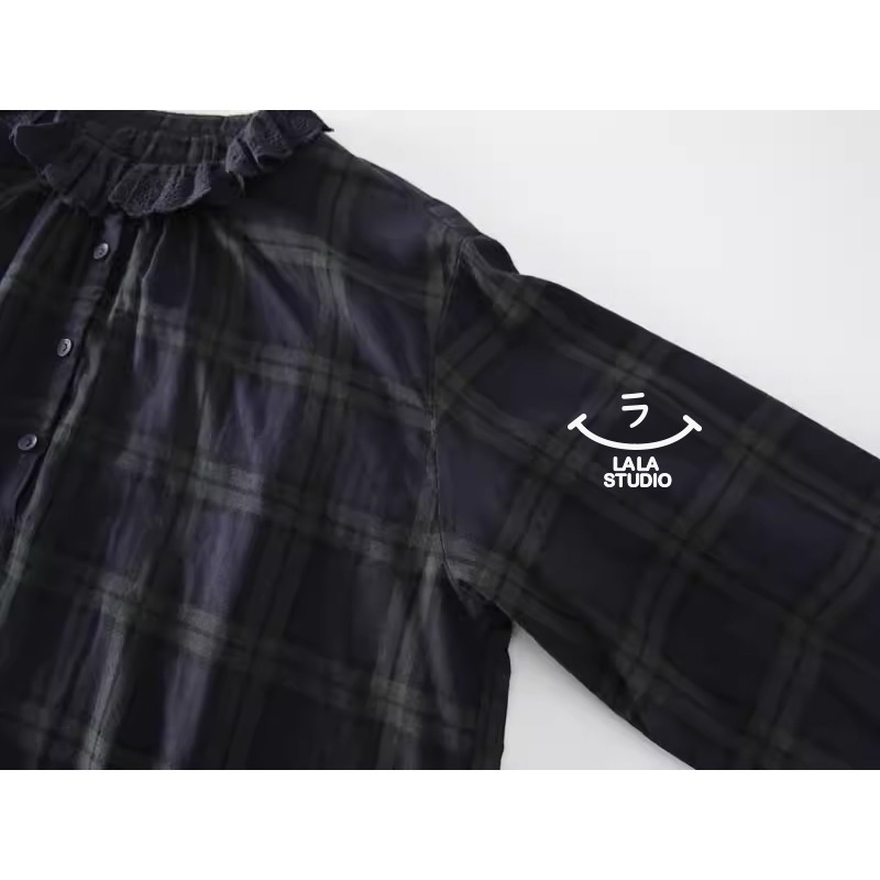 𝕃𝔸𝕃𝔸 𝕊𝕋𝕌𝔻𝕀𝕆 日系蕾絲花邊領格紋雙層棉紗長袖襯衫上衣-綠格子-細節圖4