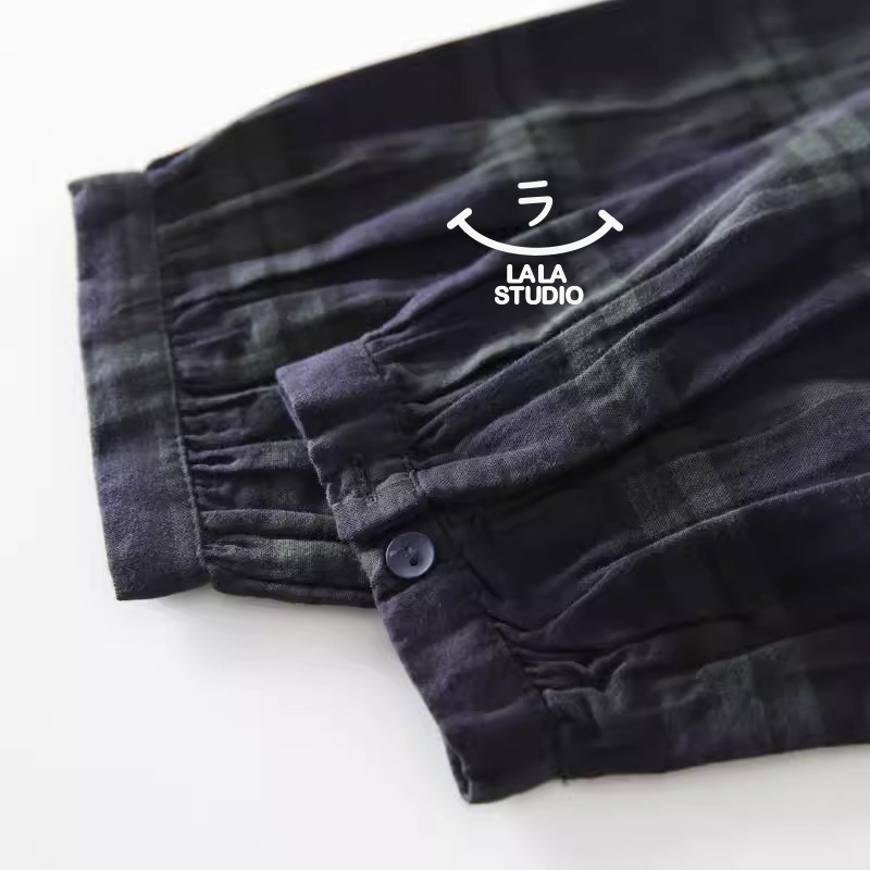 𝕃𝔸𝕃𝔸 𝕊𝕋𝕌𝔻𝕀𝕆 日系蕾絲花邊領格紋雙層棉紗長袖襯衫上衣-綠格子-細節圖5