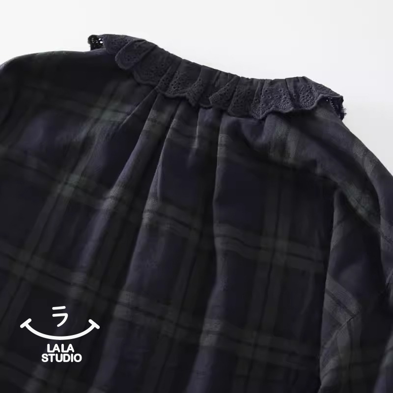 𝕃𝔸𝕃𝔸 𝕊𝕋𝕌𝔻𝕀𝕆 日系蕾絲花邊領格紋雙層棉紗長袖襯衫上衣-綠格子-細節圖6