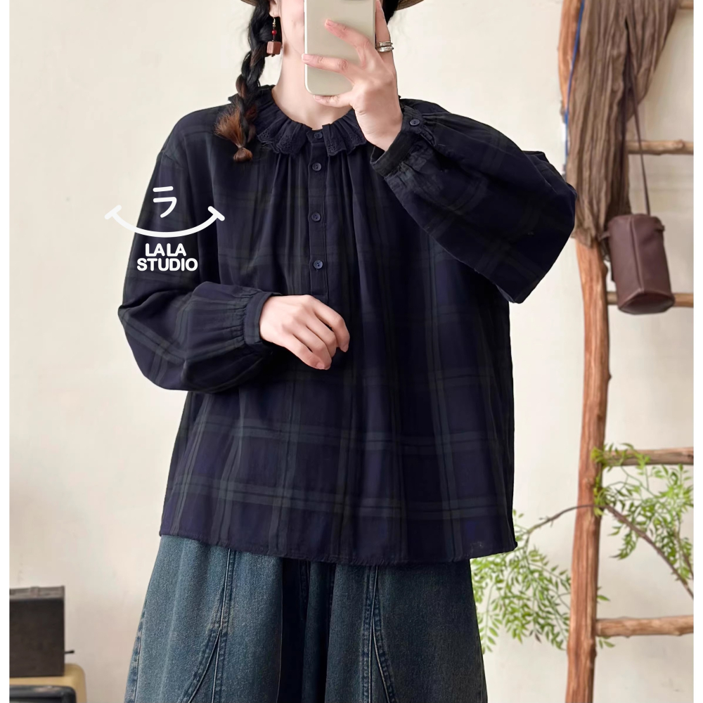 𝕃𝔸𝕃𝔸 𝕊𝕋𝕌𝔻𝕀𝕆 日系蕾絲花邊領格紋雙層棉紗長袖襯衫上衣-綠格子-細節圖7