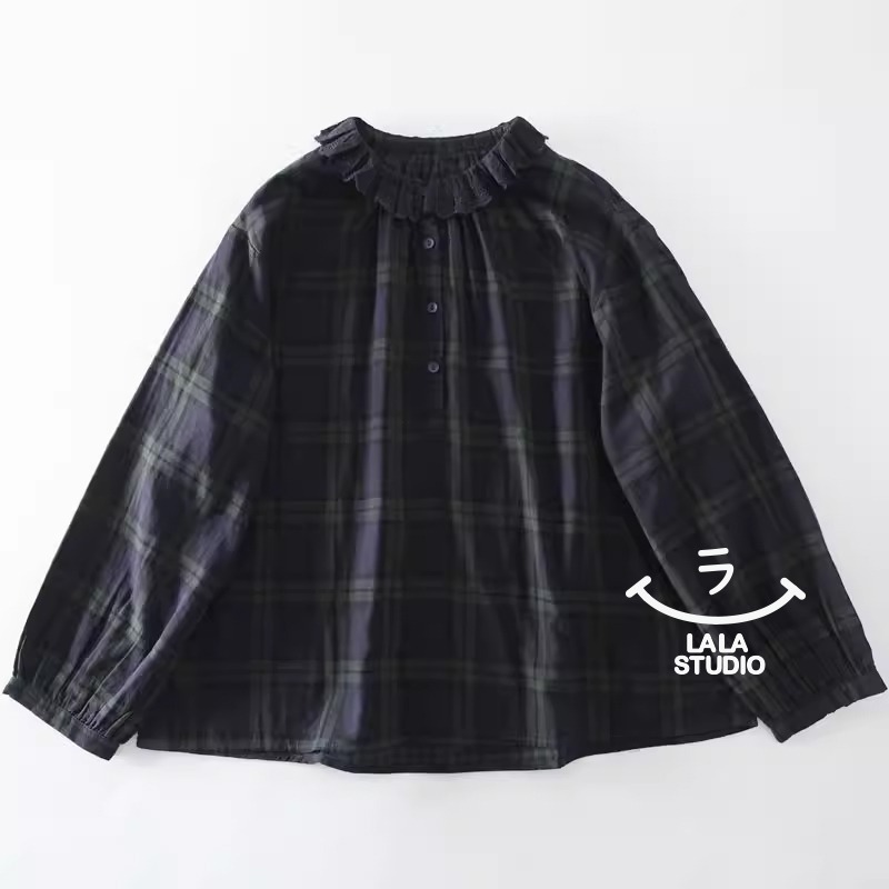 𝕃𝔸𝕃𝔸 𝕊𝕋𝕌𝔻𝕀𝕆 日系蕾絲花邊領格紋雙層棉紗長袖襯衫上衣-綠格子-規格圖7