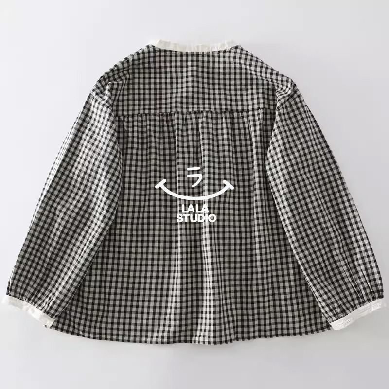 𝕃𝔸𝕃𝔸 𝕊𝕋𝕌𝔻𝕀𝕆 日系蕾絲花邊領細格紋長袖襯衫上衣-黑格子-細節圖2