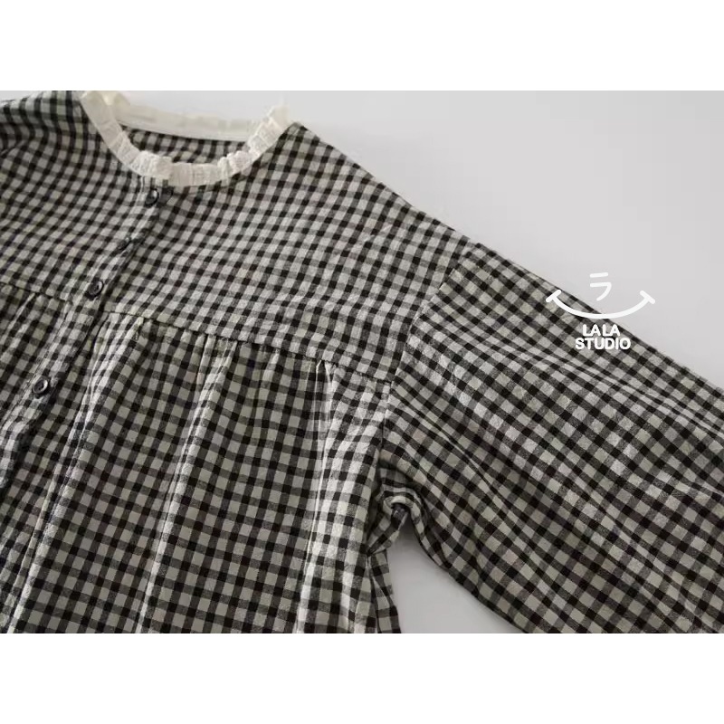 𝕃𝔸𝕃𝔸 𝕊𝕋𝕌𝔻𝕀𝕆 日系蕾絲花邊領細格紋長袖襯衫上衣-黑格子-細節圖4