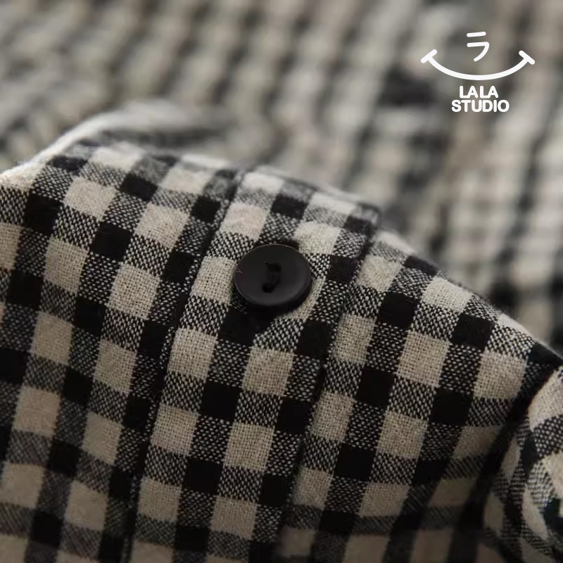 𝕃𝔸𝕃𝔸 𝕊𝕋𝕌𝔻𝕀𝕆 日系蕾絲花邊領細格紋長袖襯衫上衣-黑格子-細節圖5