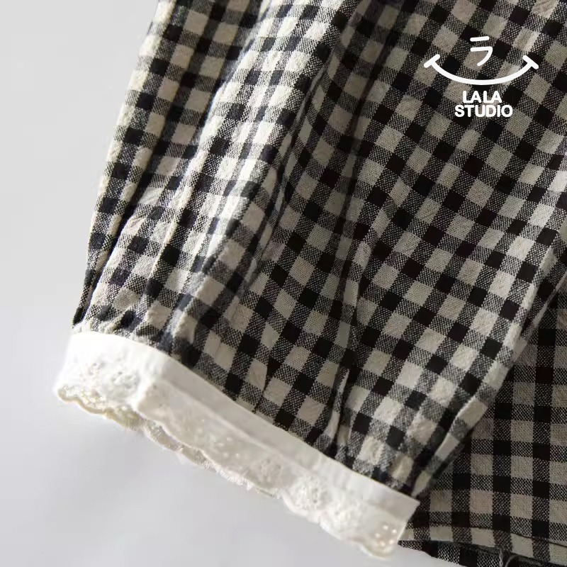 𝕃𝔸𝕃𝔸 𝕊𝕋𝕌𝔻𝕀𝕆 日系蕾絲花邊領細格紋長袖襯衫上衣-黑格子-細節圖6