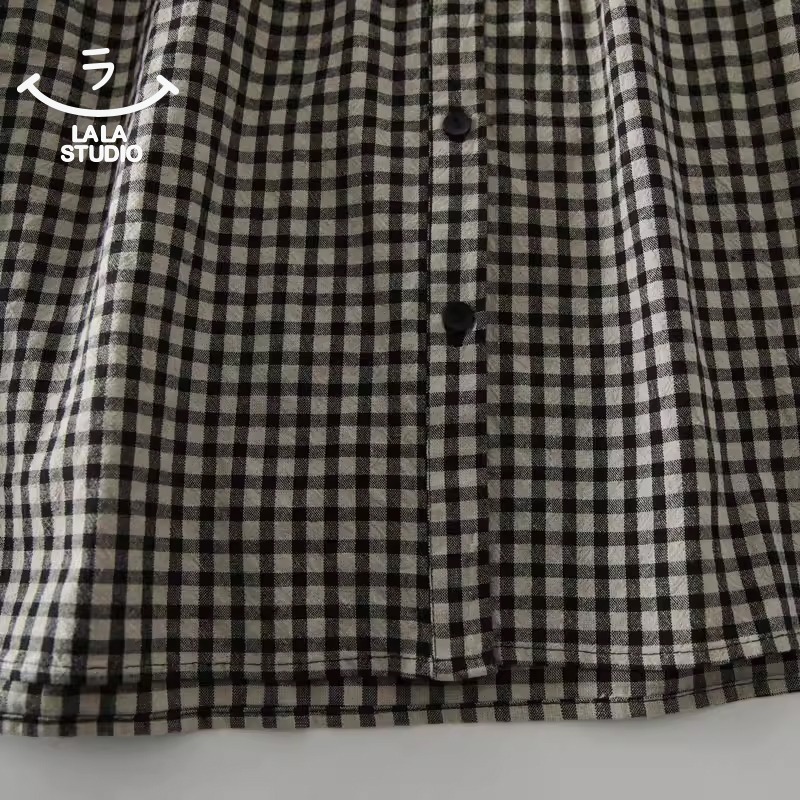 𝕃𝔸𝕃𝔸 𝕊𝕋𝕌𝔻𝕀𝕆 日系蕾絲花邊領細格紋長袖襯衫上衣-黑格子-細節圖7