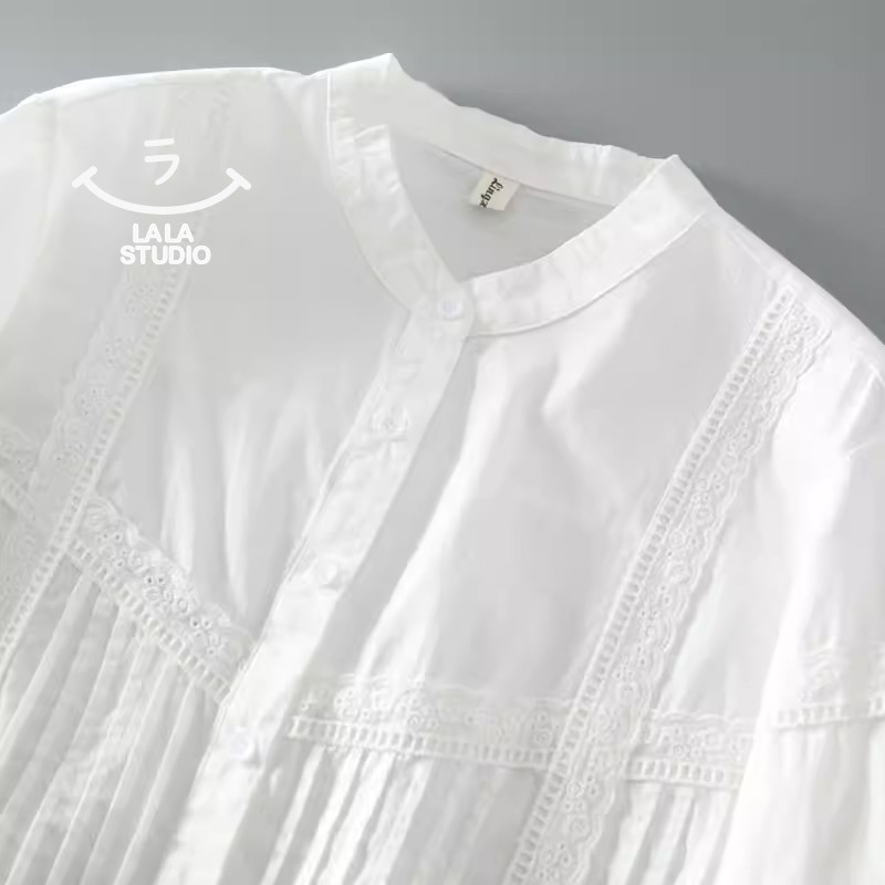 𝕃𝔸𝕃𝔸 𝕊𝕋𝕌𝔻𝕀𝕆 日系簡約立領褶皺蕾絲拼接長袖襯衫上衣-白色-細節圖2