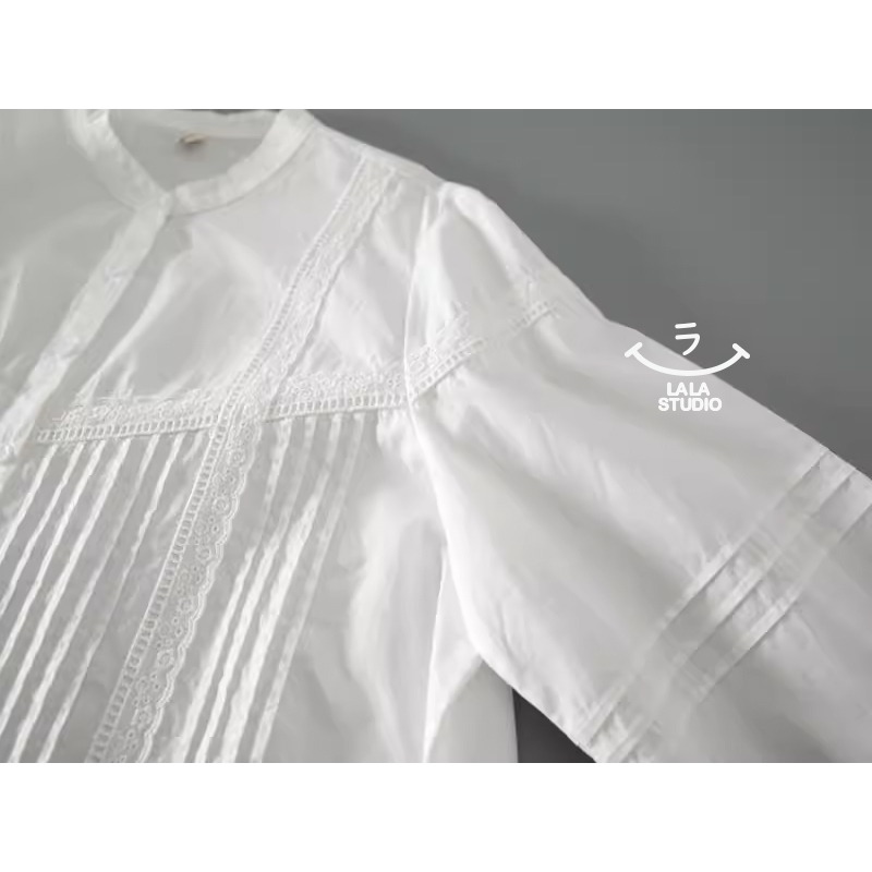 𝕃𝔸𝕃𝔸 𝕊𝕋𝕌𝔻𝕀𝕆 日系簡約立領褶皺蕾絲拼接長袖襯衫上衣-白色-細節圖3