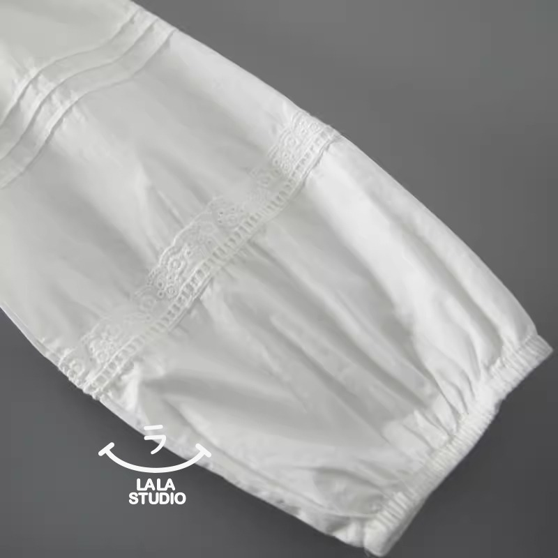 𝕃𝔸𝕃𝔸 𝕊𝕋𝕌𝔻𝕀𝕆 日系簡約立領褶皺蕾絲拼接長袖襯衫上衣-白色-細節圖4