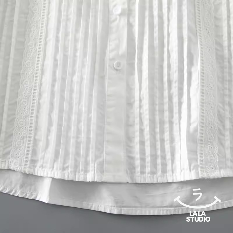 𝕃𝔸𝕃𝔸 𝕊𝕋𝕌𝔻𝕀𝕆 日系簡約立領褶皺蕾絲拼接長袖襯衫上衣-白色-細節圖5