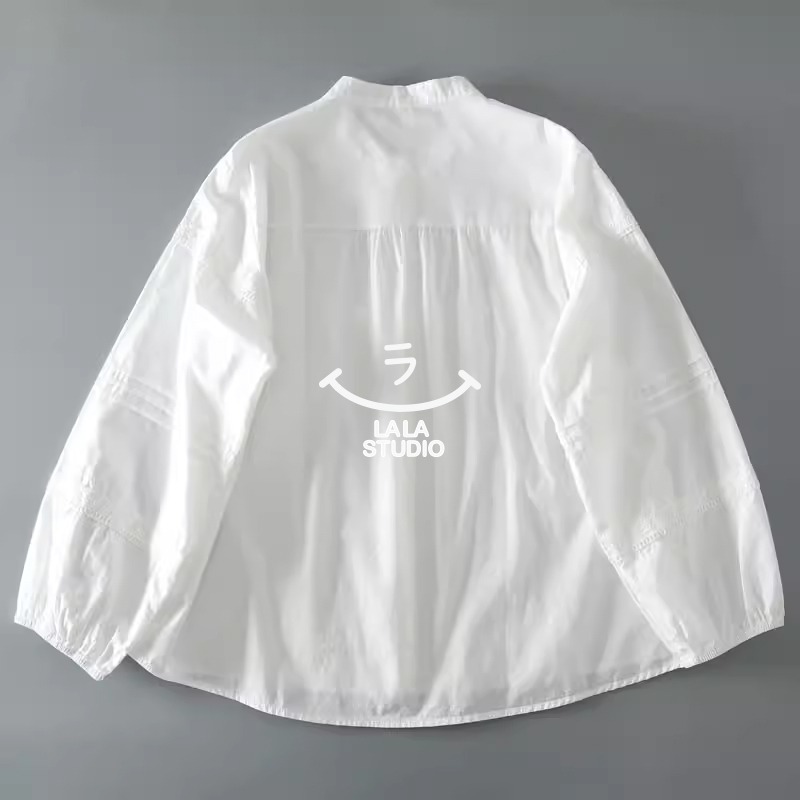 𝕃𝔸𝕃𝔸 𝕊𝕋𝕌𝔻𝕀𝕆 日系簡約立領褶皺蕾絲拼接長袖襯衫上衣-白色-細節圖6