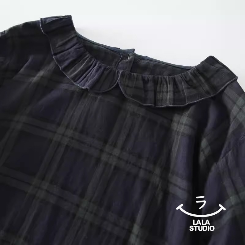 𝕃𝔸𝕃𝔸 𝕊𝕋𝕌𝔻𝕀𝕆 日系花邊領復古格子雙層棉紗長袖襯衫上衣-綠格子-細節圖2