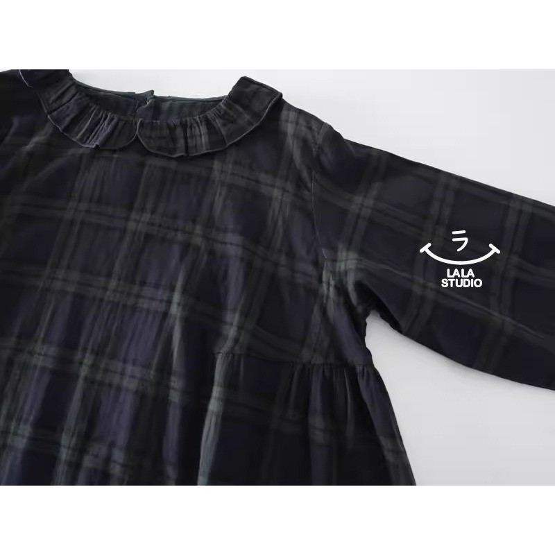 𝕃𝔸𝕃𝔸 𝕊𝕋𝕌𝔻𝕀𝕆 日系花邊領復古格子雙層棉紗長袖襯衫上衣-綠格子-細節圖3