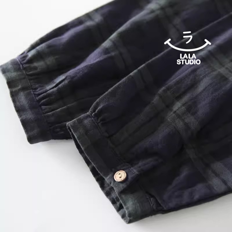 𝕃𝔸𝕃𝔸 𝕊𝕋𝕌𝔻𝕀𝕆 日系花邊領復古格子雙層棉紗長袖襯衫上衣-綠格子-細節圖4