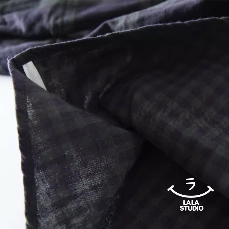 𝕃𝔸𝕃𝔸 𝕊𝕋𝕌𝔻𝕀𝕆 日系花邊領復古格子雙層棉紗長袖襯衫上衣-綠格子-細節圖5