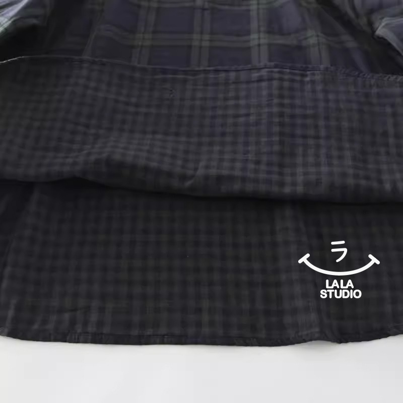 𝕃𝔸𝕃𝔸 𝕊𝕋𝕌𝔻𝕀𝕆 日系花邊領復古格子雙層棉紗長袖襯衫上衣-綠格子-細節圖6