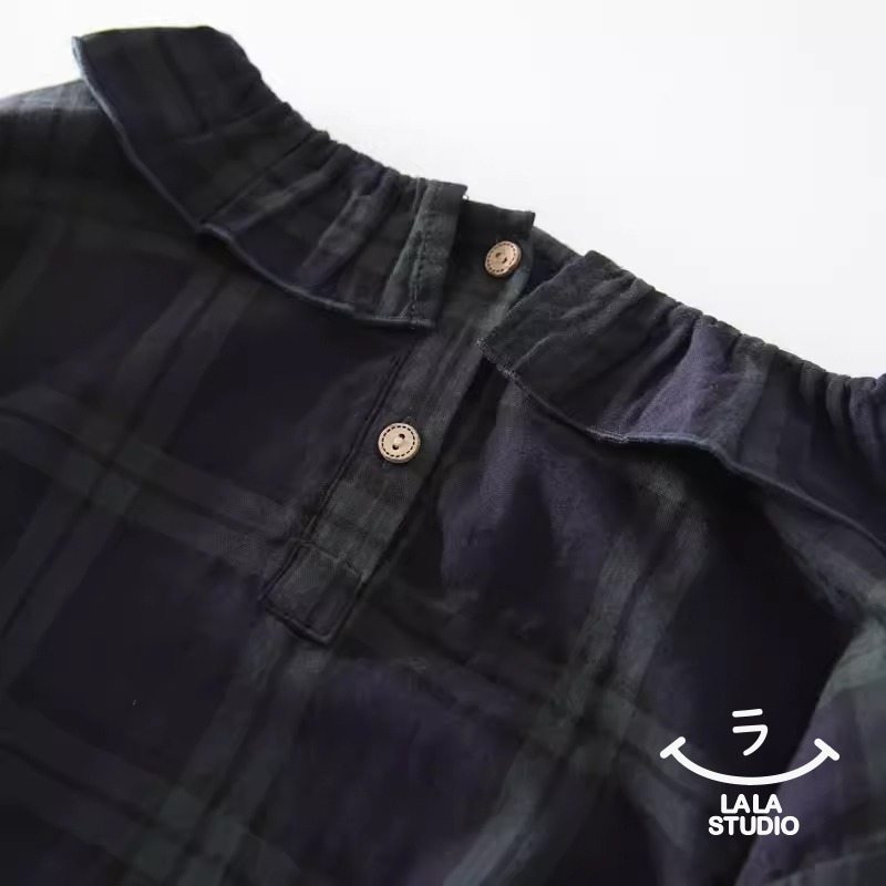 𝕃𝔸𝕃𝔸 𝕊𝕋𝕌𝔻𝕀𝕆 日系花邊領復古格子雙層棉紗長袖襯衫上衣-綠格子-細節圖7