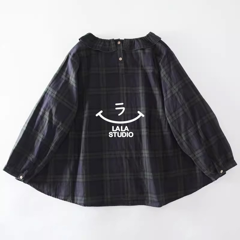 𝕃𝔸𝕃𝔸 𝕊𝕋𝕌𝔻𝕀𝕆 日系花邊領復古格子雙層棉紗長袖襯衫上衣-綠格子-細節圖8