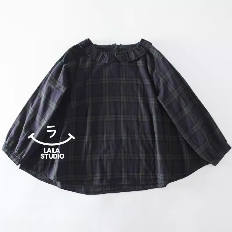 𝕃𝔸𝕃𝔸 𝕊𝕋𝕌𝔻𝕀𝕆 日系花邊領復古格子雙層棉紗長袖襯衫上衣-綠格子-規格圖8