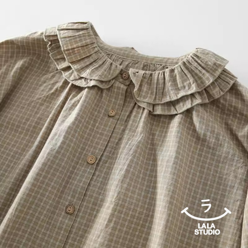 𝕃𝔸𝕃𝔸 𝕊𝕋𝕌𝔻𝕀𝕆 日系甜美雙層蕾絲花邊領細格紋長袖襯衫 ˚ʚ  2色 ɞ˚-細節圖4