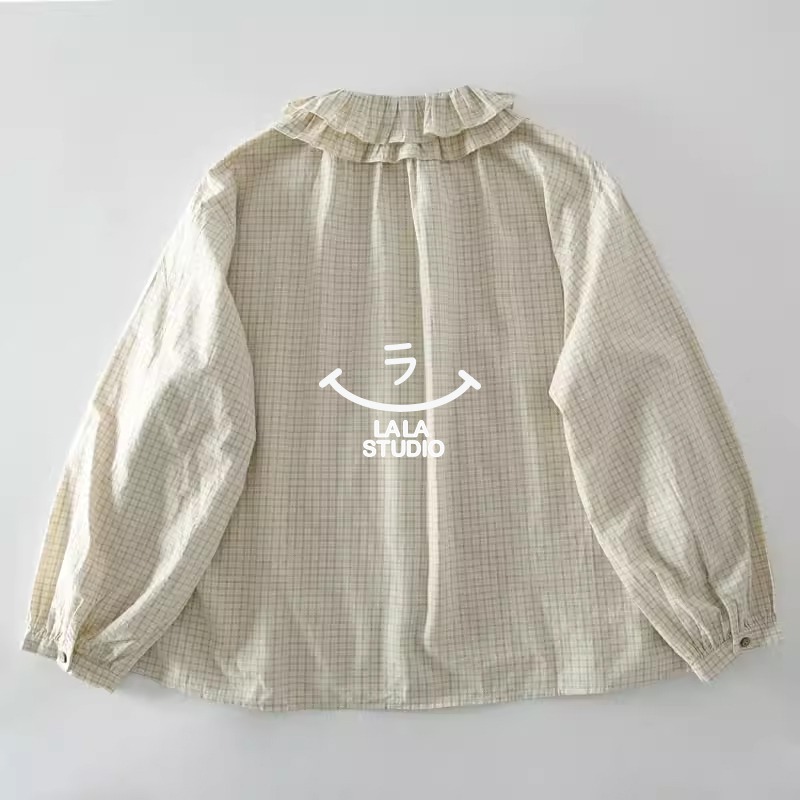 𝕃𝔸𝕃𝔸 𝕊𝕋𝕌𝔻𝕀𝕆 日系甜美雙層蕾絲花邊領細格紋長袖襯衫 ˚ʚ  2色 ɞ˚-細節圖9