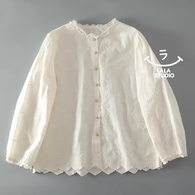 𝕃𝔸𝕃𝔸 𝕊𝕋𝕌𝔻𝕀𝕆 日系圓領蕾絲花邊純棉刺繡長袖襯衫上衣 ˚ʚ  2色 ɞ˚-細節圖2