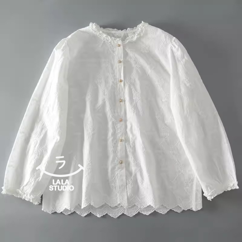 𝕃𝔸𝕃𝔸 𝕊𝕋𝕌𝔻𝕀𝕆 日系圓領蕾絲花邊純棉刺繡長袖襯衫上衣 ˚ʚ  2色 ɞ˚-細節圖3