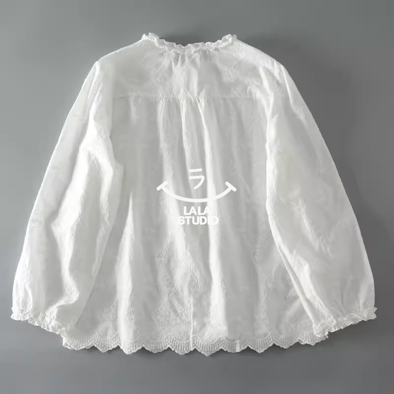 𝕃𝔸𝕃𝔸 𝕊𝕋𝕌𝔻𝕀𝕆 日系圓領蕾絲花邊純棉刺繡長袖襯衫上衣 ˚ʚ  2色 ɞ˚-細節圖8