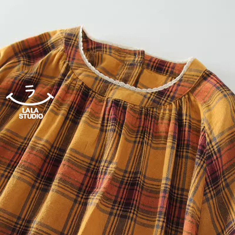 𝕃𝔸𝕃𝔸 𝕊𝕋𝕌𝔻𝕀𝕆 日系圓領蕾絲花邊格子長袖襯衫上衣-橘黃色-細節圖2