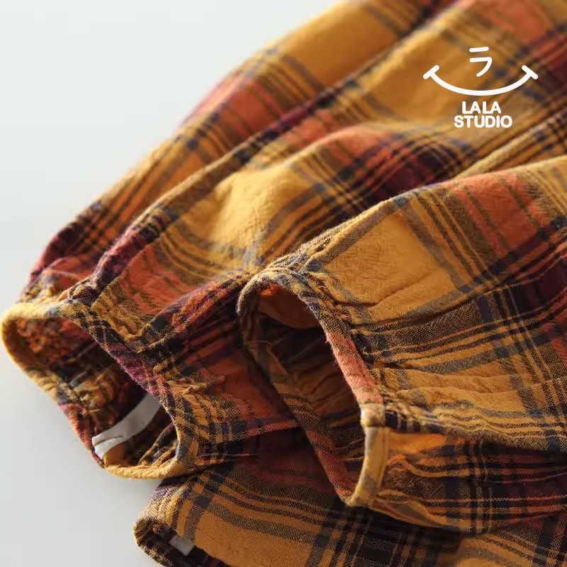 𝕃𝔸𝕃𝔸 𝕊𝕋𝕌𝔻𝕀𝕆 日系圓領蕾絲花邊格子長袖襯衫上衣-橘黃色-細節圖3