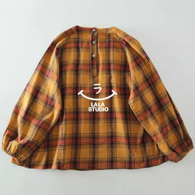 𝕃𝔸𝕃𝔸 𝕊𝕋𝕌𝔻𝕀𝕆 日系圓領蕾絲花邊格子長袖襯衫上衣-橘黃色-細節圖5