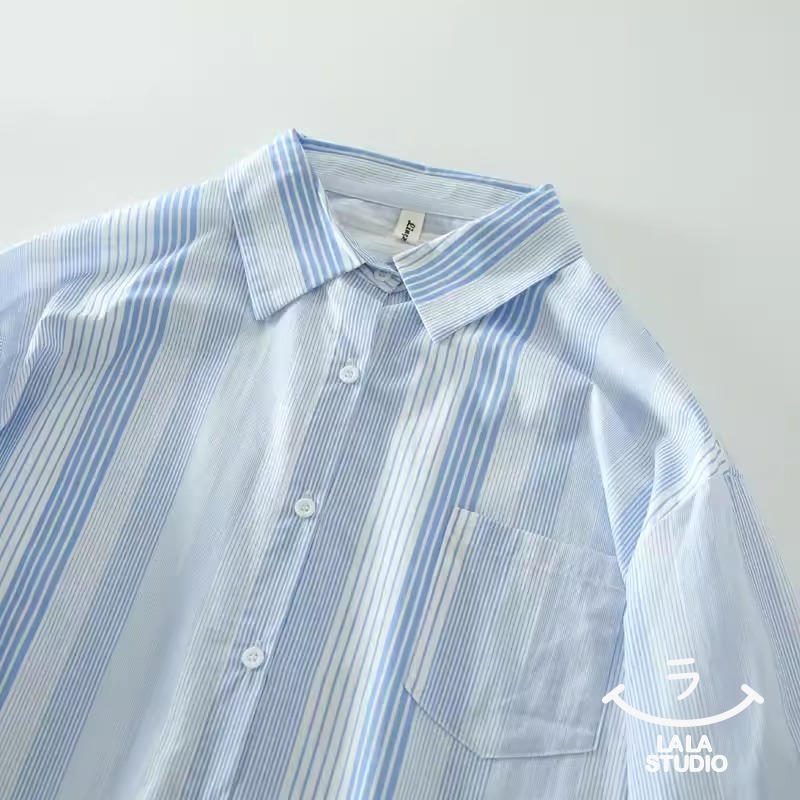 𝕃𝔸𝕃𝔸 𝕊𝕋𝕌𝔻𝕀𝕆 日系清新翻領豎條紋長袖襯衫上衣-藍色-細節圖2
