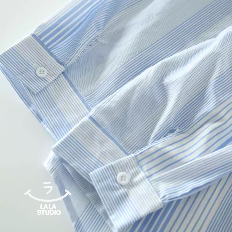 𝕃𝔸𝕃𝔸 𝕊𝕋𝕌𝔻𝕀𝕆 日系清新翻領豎條紋長袖襯衫上衣-藍色-細節圖3