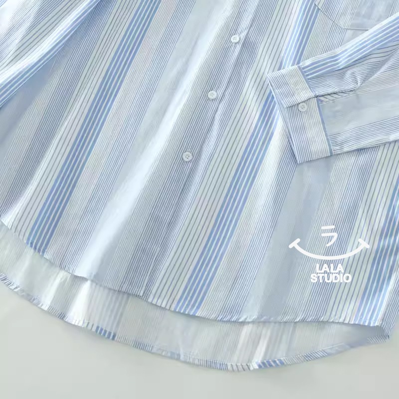 𝕃𝔸𝕃𝔸 𝕊𝕋𝕌𝔻𝕀𝕆 日系清新翻領豎條紋長袖襯衫上衣-藍色-細節圖4