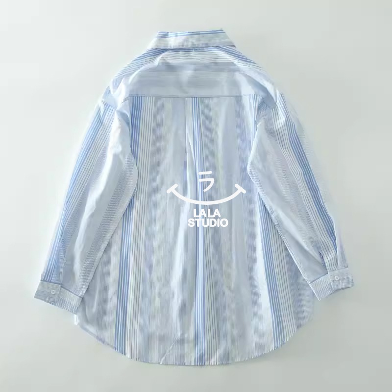 𝕃𝔸𝕃𝔸 𝕊𝕋𝕌𝔻𝕀𝕆 日系清新翻領豎條紋長袖襯衫上衣-藍色-細節圖5