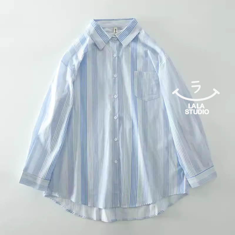 𝕃𝔸𝕃𝔸 𝕊𝕋𝕌𝔻𝕀𝕆 日系清新翻領豎條紋長袖襯衫上衣-藍色-規格圖5