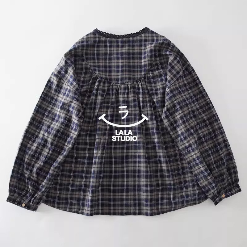 𝕃𝔸𝕃𝔸 𝕊𝕋𝕌𝔻𝕀𝕆 日系圓領蕾絲花邊拼接格子長袖襯衫上衣-細節圖2