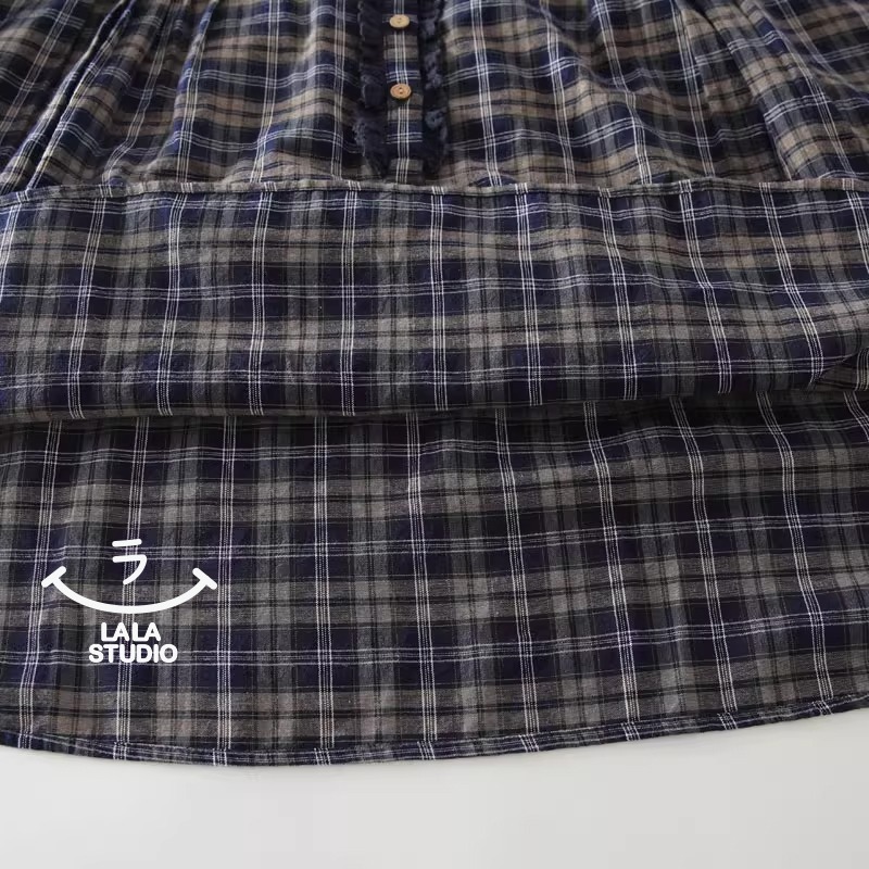 𝕃𝔸𝕃𝔸 𝕊𝕋𝕌𝔻𝕀𝕆 日系圓領蕾絲花邊拼接格子長袖襯衫上衣-細節圖7