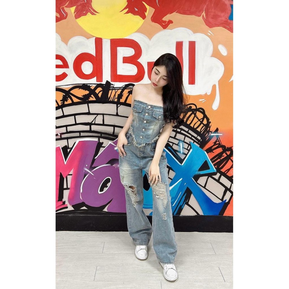 ［Sunlight服飾 馬上出貨✨] 複古懷舊色破洞牛仔褲女夏季高腰寬鬆闊腿褲子抹胸毛邊上衣套裝｜辣妹｜夜店｜出遊|牛仔-細節圖6