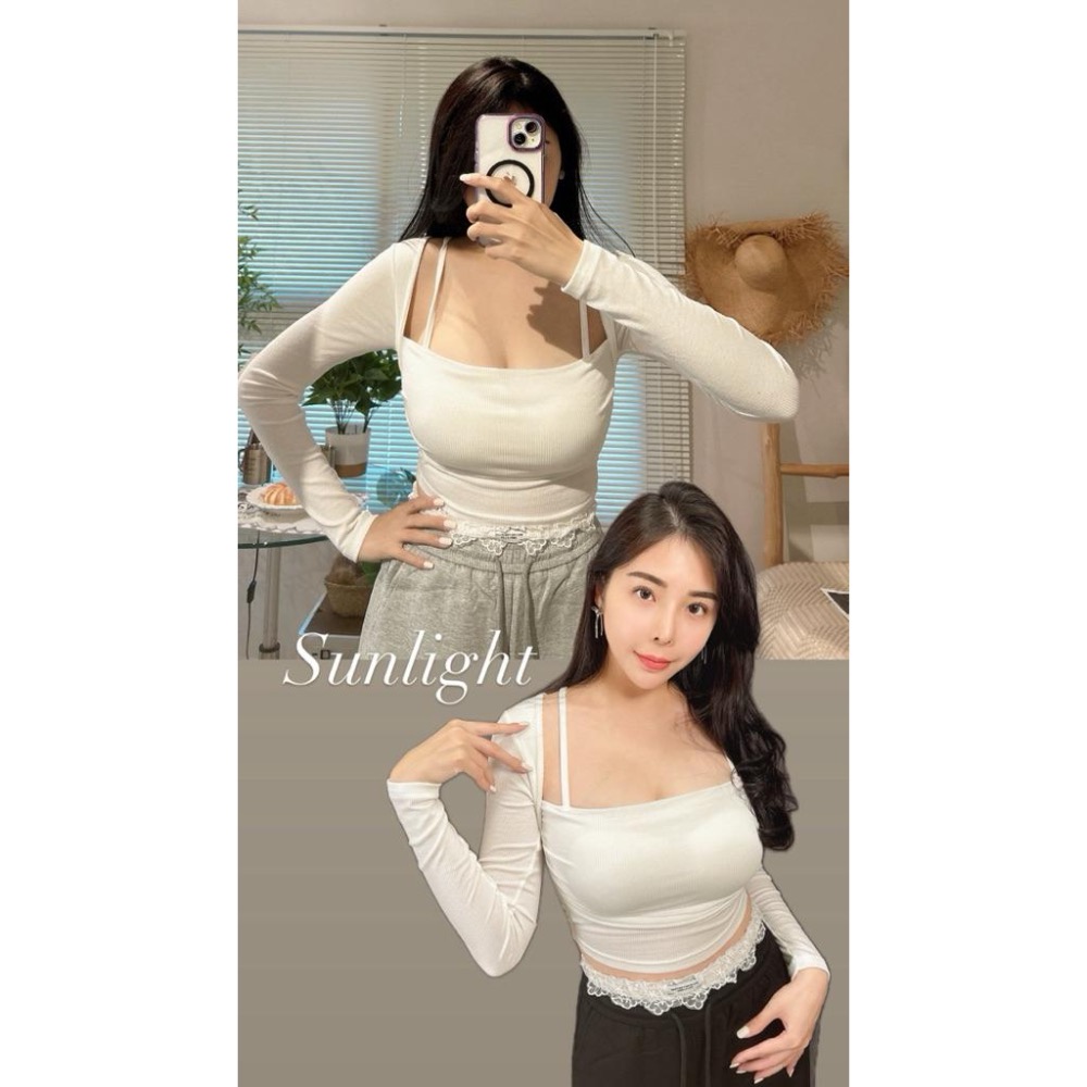 ［Sunlight馬上出貨✨］自訂款冬季性感假兩件肩帶長袖上衣（有胸墊）-細節圖3