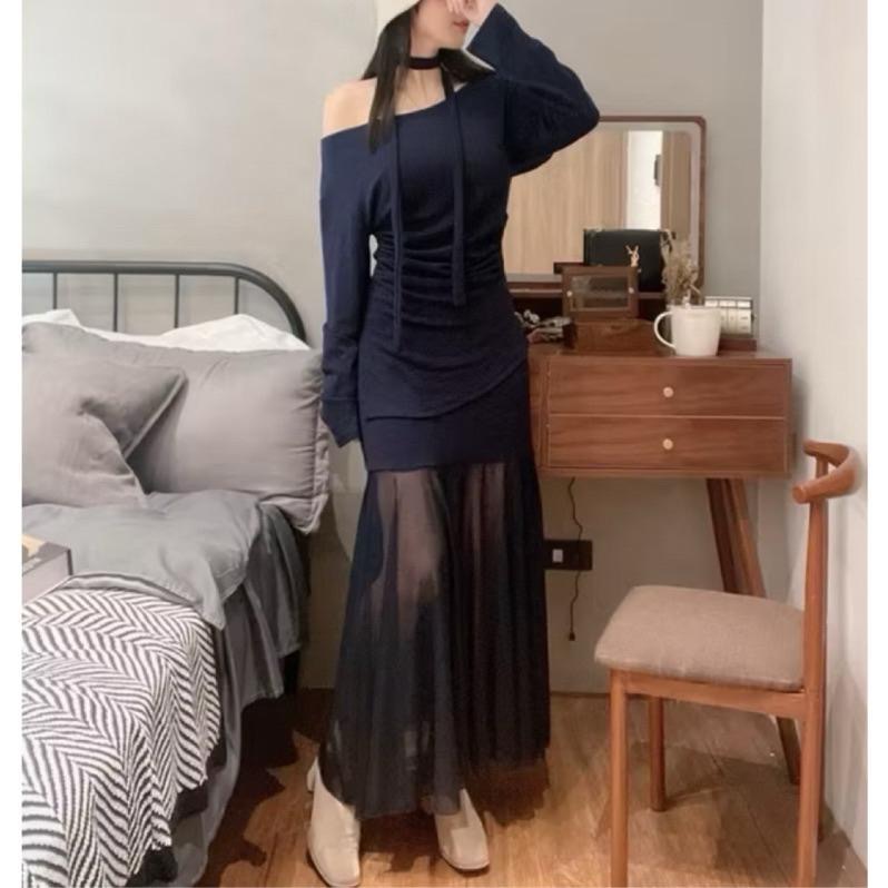 [Sunlight服飾 馬上出貨✨]斜肩兩件式長袖魚尾透沙長裙+脖子綁帶（有罩杯胸墊、灰黑白三色）-細節圖3