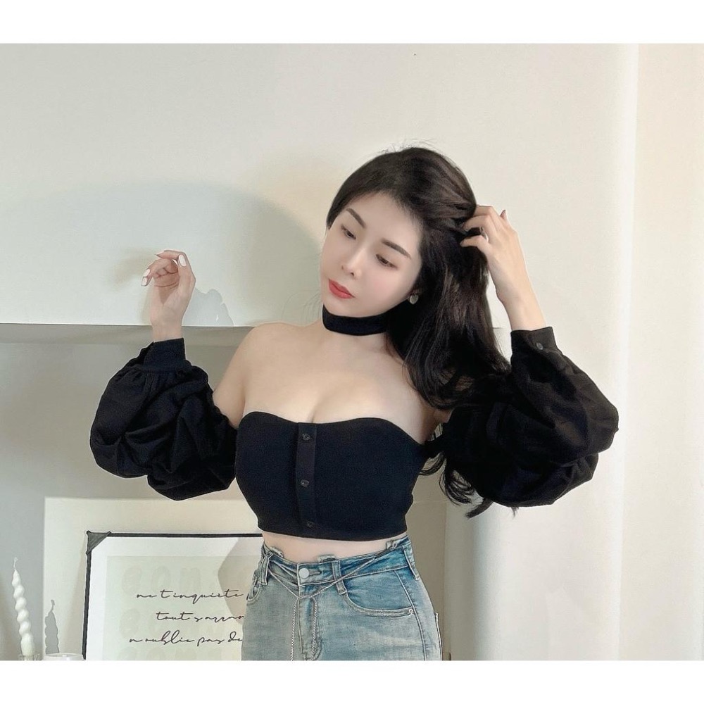 [Sunlight服飾 馬上出貨✨整套打配系列😆］可拆式平口蓬蓬袖短版上衣（有胸墊、平口內有膠條不會往下滑掉👍）-細節圖2