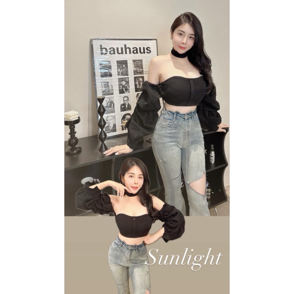 [Sunlight服飾 馬上出貨✨整套打配系列😆］可拆式平口蓬蓬袖短版上衣（有胸墊、平口內有膠條不會往下滑掉👍）-細節圖4